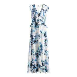 H&M White & Blue Floral Flounce Trimmed Midi Dress NWT